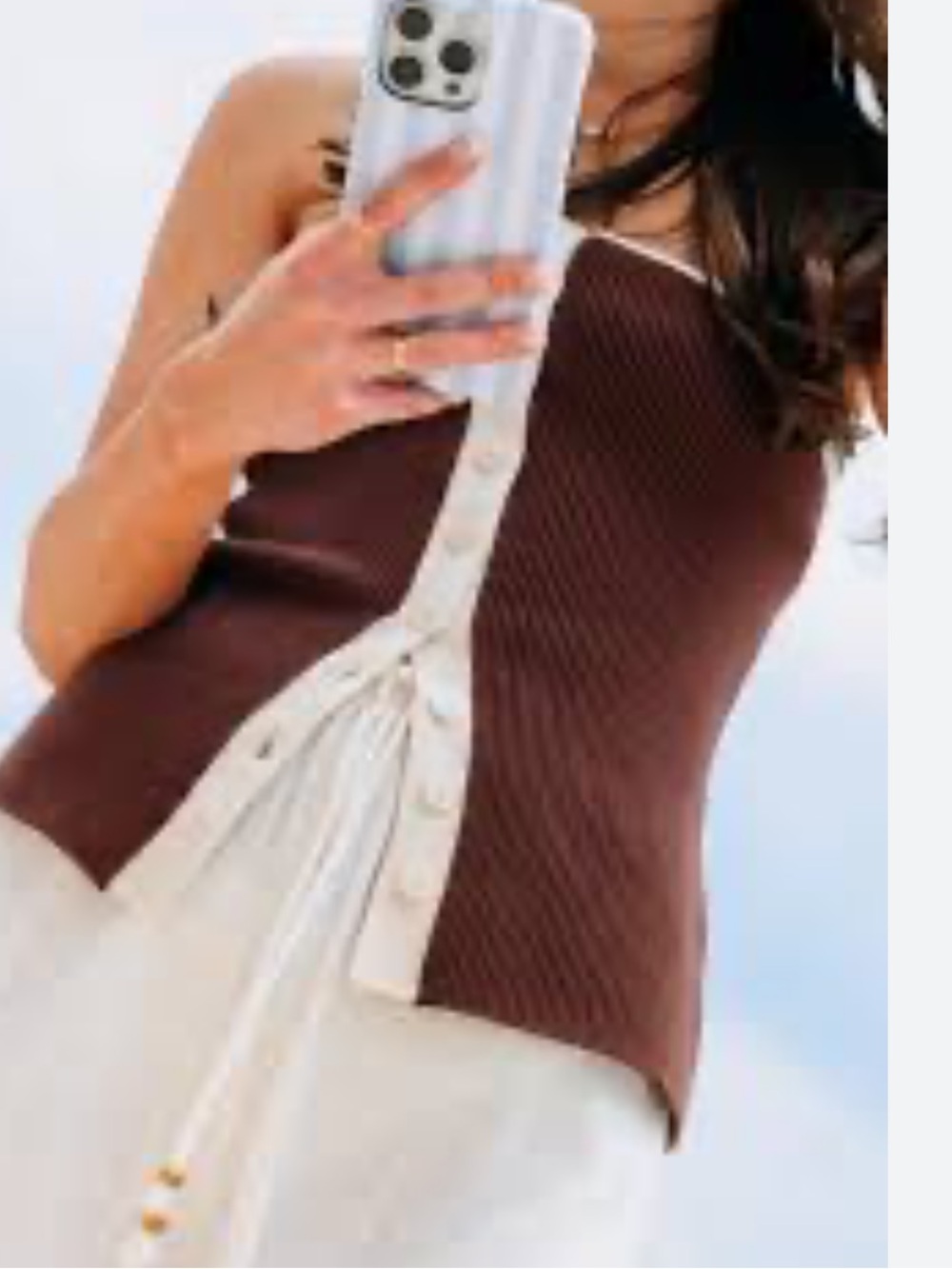 Abercrombie & Fitch Ottoman Button-Front Tube Top Brown Ribbed cream contrast